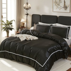 Satin Comforter Set Bed in a Bag – 7-Piece Luxury Pom Pom Bedding with Sheets & Pillowcases, Soft Silky All-Season Quilt - 1 of 4