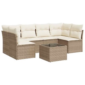 vidaXL 7 Piece Patio Sofa Set with Cushions Beige and Cream Poly Rattan - With Table - 1 of 4