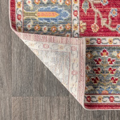 Burgundy and Light Blue Synthetic Floral Area Rug