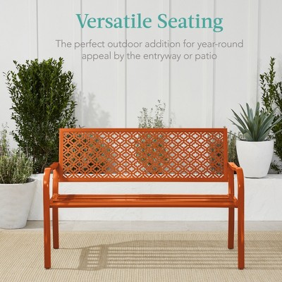 Carrot Orange Steel Geometric Pattern Outdoor Bench with Arms