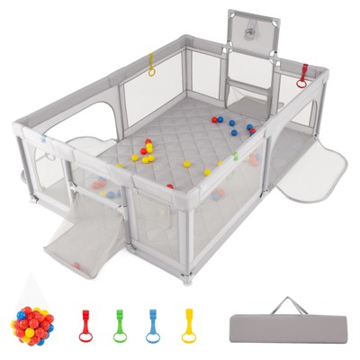 Safstar 81" x 57" Extra Large Playpen for Babies and Toddlers, Kids Play Yard with Basketball Hoop, Soccer Nets, Pull up Rings, Ocean Balls, Gray