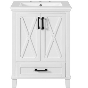 Vynxaria 24-Inch Bathroom Vanity - Ceramic Sink, 2 Soft-Close Doors, Divided Drawer, Dual Shelves, White - 1 of 4