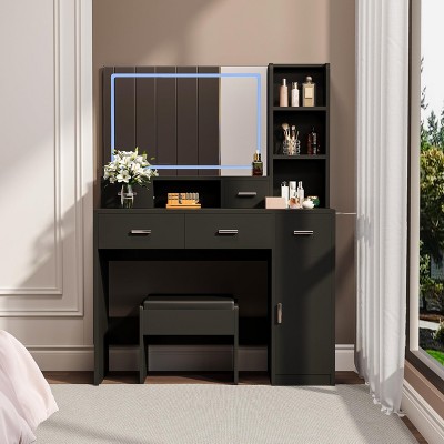 Makeup Vanity Table, Vanity Desk Set with Large Mirror, LED Lights and Power Outlet, Makeup Desk with Drawers and Storage Shelves
