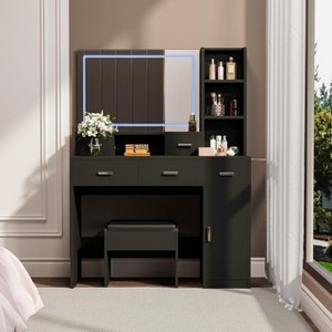 Makeup Vanity Table, Vanity Desk Set with Large Mirror, LED Lights and Power Outlet, Makeup Desk with Drawers and Storage Shelves - 1 of 4