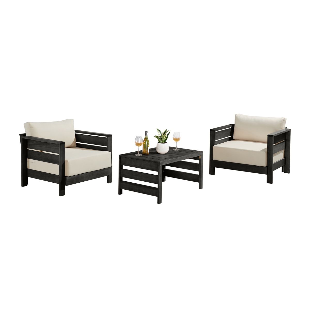 Alaterre Furniture Barton 3 Piece Patio Furniture Set - Weather-Resistant Eucalyptus Wood Outdoor Table and Chairs with Cushions - (Black)