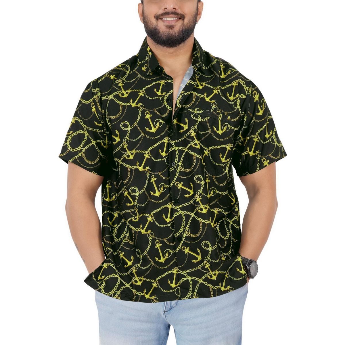 LA LEELA Mens Hawaiian Short Sleeve Button Down Shirt Mens Hawaii Shirts Boho Holiday Casual Summer Beach Shirts for Men Funny XL Black, Anchors