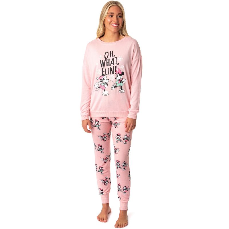 Disney Womens' Minnie Mickey Mouse Oh What Fun Holiday Pajama Set, 1 of 5