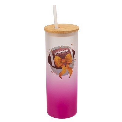 Elanze Designs 25 Ounce Frosted Glass Gradient Travel Tumbler With Straw and Wooden Lid, Football With Orange Bow Pink