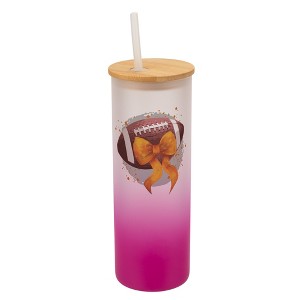 Elanze Designs 25 Ounce Frosted Glass Gradient Travel Tumbler With Straw and Wooden Lid, Football With Orange Bow Pink - 1 of 1