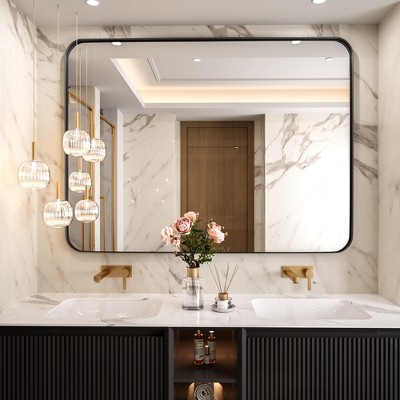 Tempered Glass Rounded Rectangle Framed Wall-Mounted Bathroom Vanity Mirror