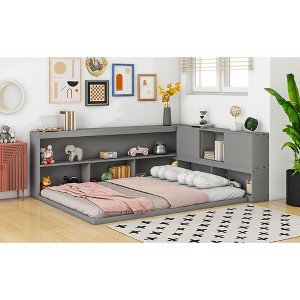 CAVINAS Full Size Montessori Floor Bed,Toddler Floor Bed with L-Shaped Bookcases&Sliding Doors,Floor Bed for Girls & Boys,No Box Spring Needed - 1 of 2