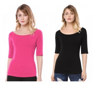 Allegra K Women's Half Sleeves Scoop Neck Fitted Layering Soft T-Shirt 2 Packs - 1 of 4