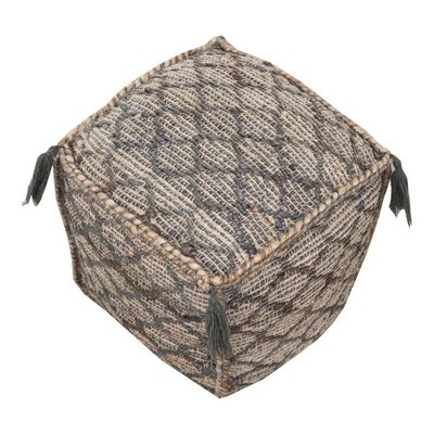 Moti Circe Ottoman Comfort Fabric Pouf in Natural/Elegant Taupe with Tassels 18"D x 18"W x 18"H