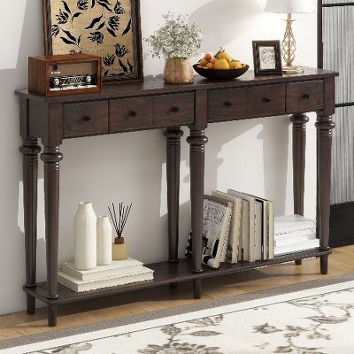 PAGED Vintage Pine Veneer Console Table with 4 Drawers & Shelf, Distressed Glaze Entryway Table, Retro Entryway Sofa Table Narrow Long