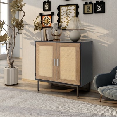 Rattan Cabinet With Storage With 2 Rattan Decorated Doors Fixed Shelf ...