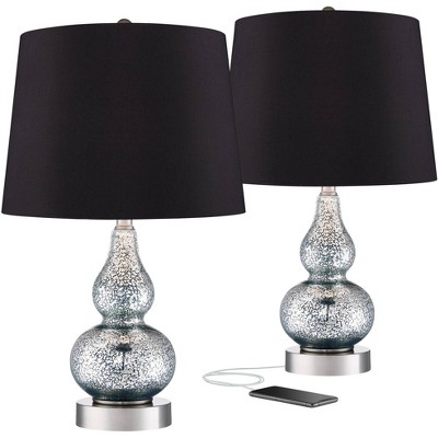 360 Lighting Modern Accent Table Lamps Set of 2 with USB Charging Port Mercury Glass Black Drum Shade Living Room Bedroom House