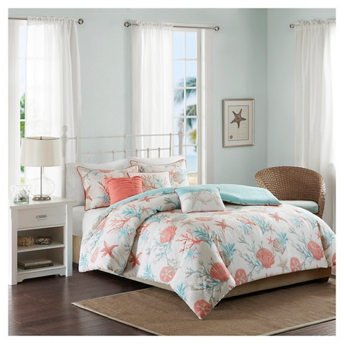 Ocean View Seashell Duvet Cover Set King California King Coral