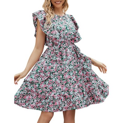 Womens Summer Dress Ruffle Cap Sleeve Sundress with Round Neck Midi Dress with Gathered Hem Empire Waist Flutter Dress,Multicolor Floral 3 - 2XL