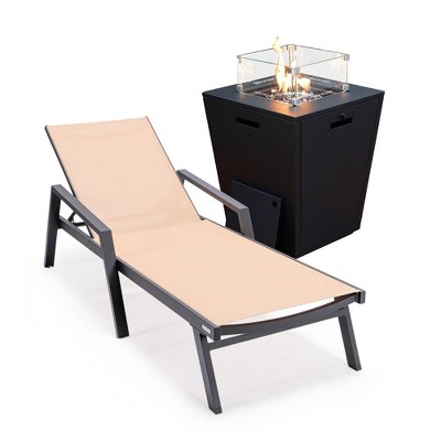 LeisureMod Marlin Modern Patio Chaise Lounge Chair in Black Aluminum Frame With Arms and Square Fire Pit Side Table