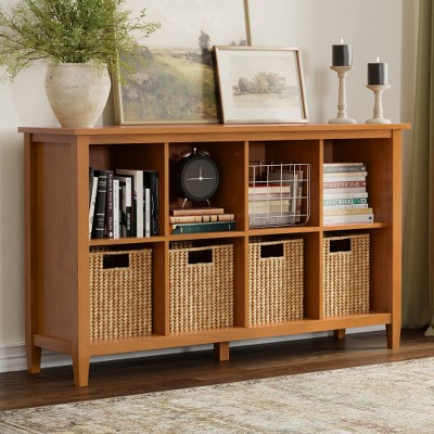 Aoxun Solid Wood Console Table with 8 Cubbies   57± Entryway Storage Table in Light Golden Brown Finish for Living Room, Hallway or Bedroom