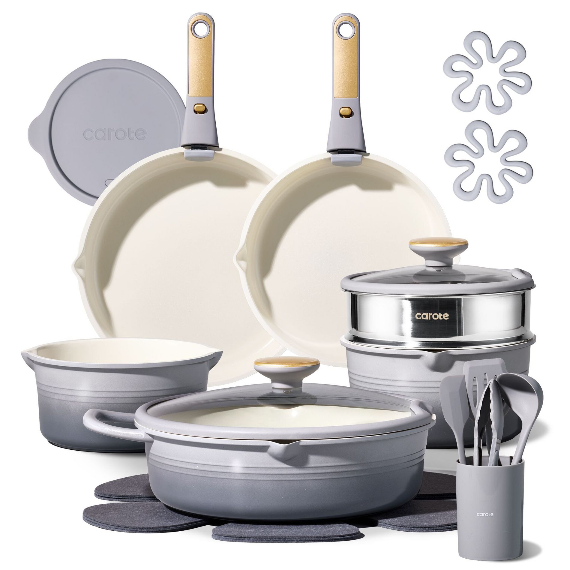 Carote 22pc Double-Pour Spouts Ceramic Nonstick Detachable Cookware Set Gradiant Gray