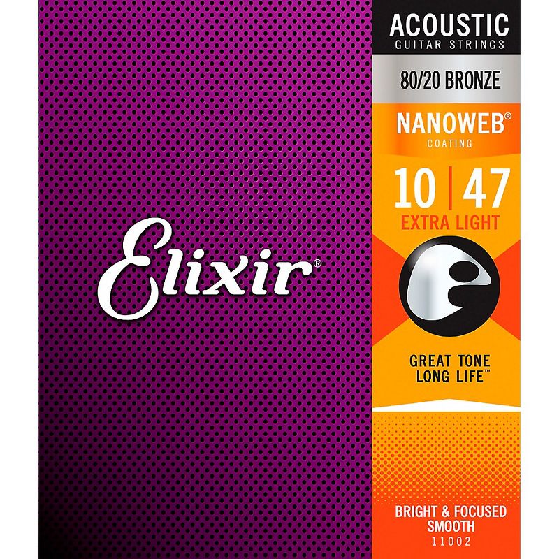 Elixir 80/20 Bronze Acoustic Guitar Strings With NANOWEB Coating, Extra Light (.010-.047), 1 of 4