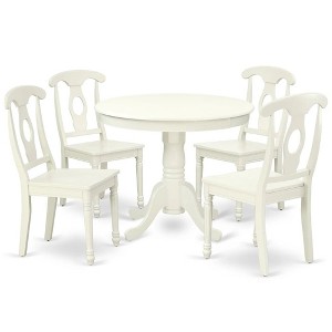 East West Furniture, 5 Piece Dinette Set for 4 Includes a Round Kitchen Table with Pedestal Base and 4 Dining Chairs, 36x36 Inch, Linen White - 1 of 4