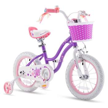RoyalBaby Stargirl Kids Outdoor Bicycle with Kickstand, Accessory Basket, Bell, and Safety Training Wheels for Ages 4-7, Purple
