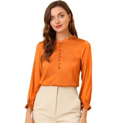 Allegra K Women's Ruffle Neck Long Sleeve Elastic Cuff Button Office Satin Blouse