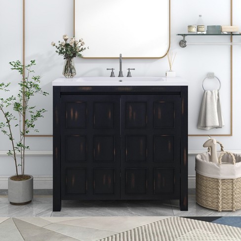 36 Contemporary Bathroom Vanity with Top Sink, 2 Soft Close Doors, and 6  Drawers, Gray - ModernLuxe