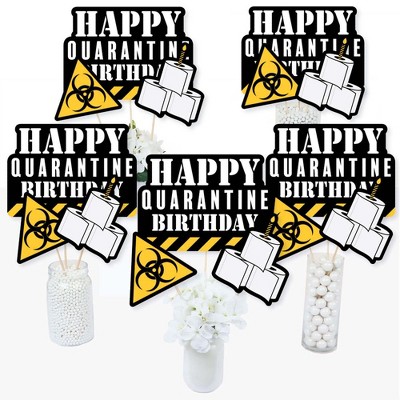 Big Dot of Happiness Happy Quarantine Birthday - Social Distancing Party Centerpiece Sticks - Table Toppers - Set of 15