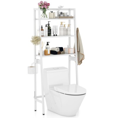 Tangkula Over-the-Toilet Storage 3-Tier Freestanding Bathroom Organizer Shelf w/ 2 Hanging Hooks & Toilet Paper Holder White/Black