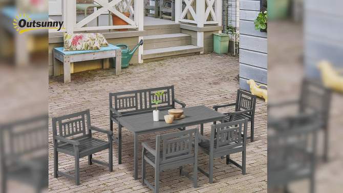 Outsunny 6 Piece Patio Dining Set, Outdoor Poplar Wood Furniture Set, Umbrella Hole Table and Chairs with Bench, Dark Gray, 2 of 8, play video