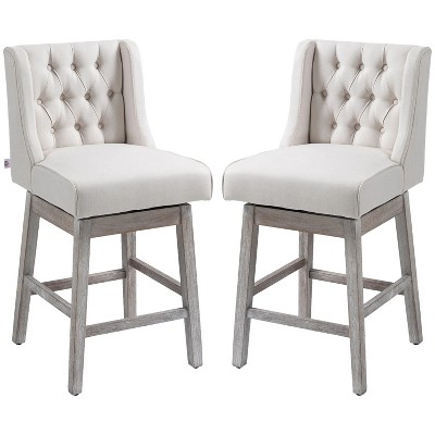 Beige 27" Swivel Bar Stools (Set of 2), Counter Height, Linen Upholstery and Button Tufted Design