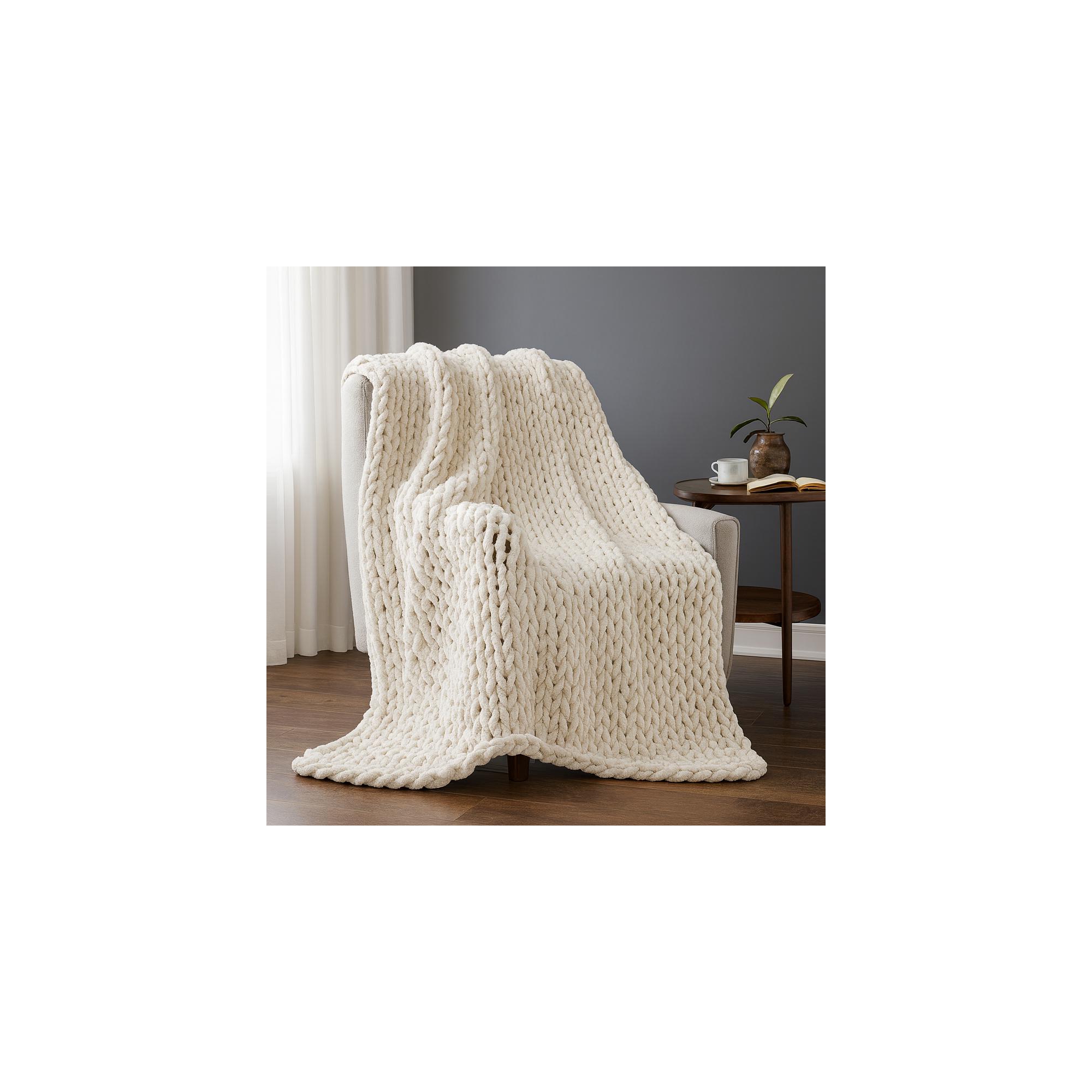 Peace Nest Handmade Chunky Knit Chenille Yarn Throw Blanket 50"x60", White