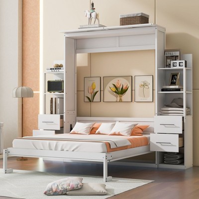 NicBex Queen Size Murphy Bed Wooden Queen Bed Frame Morden Hideaway Wall Bed with 2 Side Storage Shelf and 4 Drawers for Apartment