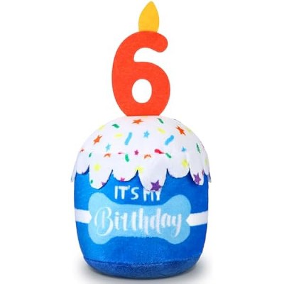 Dog 6th Birthday Cake Toy Accessories for Girl Boy Gifts, Blue Squeaky Plush Toy for Dog Birthday Party Decor Favor for Large, Medium and Small Dogs