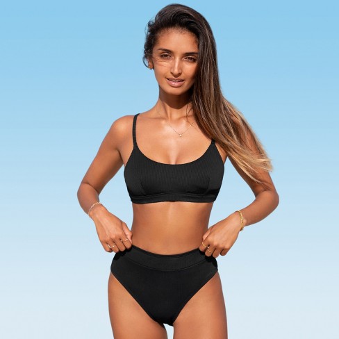 Women's Ribbed Scoop Neck High Waist Bikini Set Swimsuit - Cupshe-xl-black  : Target