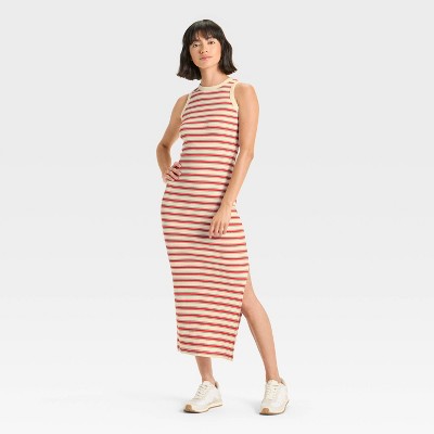 Women's Rib-Knit Maxi Bodycon Dress - Universal Thread™ Dark Red Striped XS