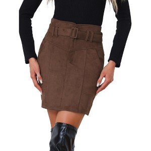 INSPIRE CHIC Women's Faux Suede High Waist Belted A-Line Mini Skirts - 1 of 4