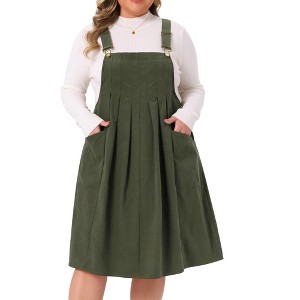 Women's Plus Size Corduroy Adjustable Strap Pleated Midi Casual Overall Pinafore Dress with Pockets - Agnes Orinda - 1 of 4