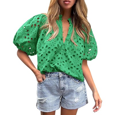 Women's Summer Tops 2025 Dressy Casual Short Sleeve V Neck Buttons Hollow Out Lace Embroidered Blouses Shirts