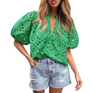 Women's Summer Tops 2025 Dressy Casual Short Sleeve V Neck Buttons Hollow Out Lace Embroidered Blouses Shirts - 1 of 4
