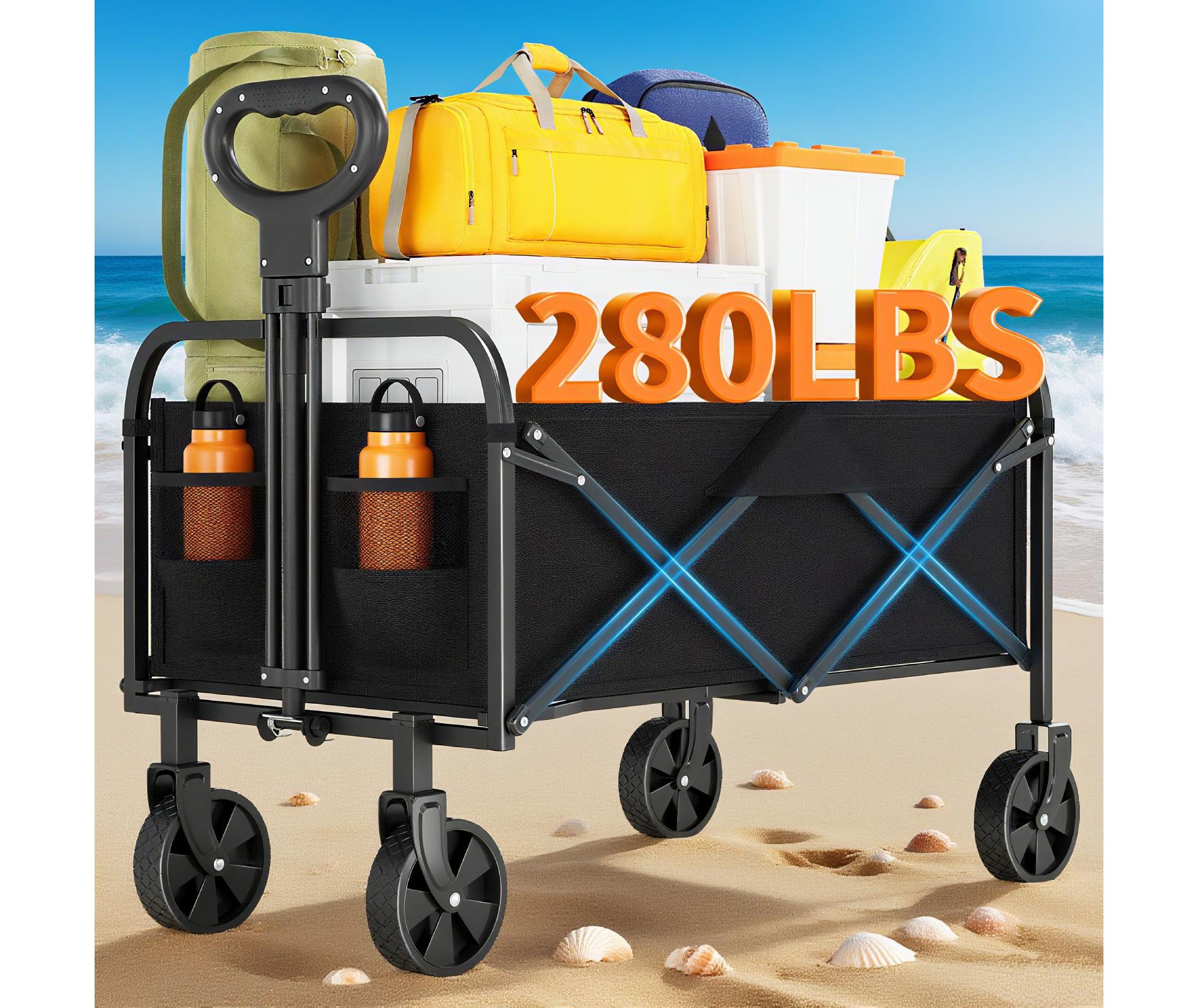 Foldable Collapsible Durable All Terrain Utility Pull Camp Beach Wagon- Black