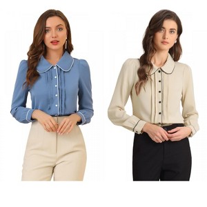 INSPIRE CHIC Women's Casual Peter Pan Collar Button Down Contrast Puff Sleeve Work Blouse 2 Packs - 1 of 4
