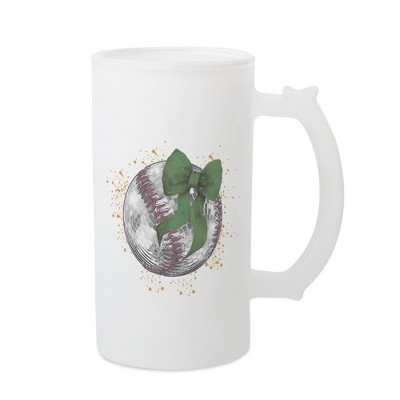 Elanze Designs Freezable Beer Stein Mug With Thumb Grip Handle, 16 Ounce Frosted Glass, Baseball With Green Bow