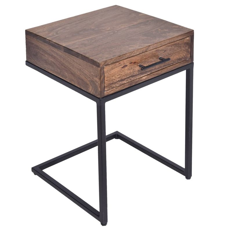Mango Wood Side Table with Drawer and Cantilever Iron Base Brown/Black - The Urban Port, 1 of 11
