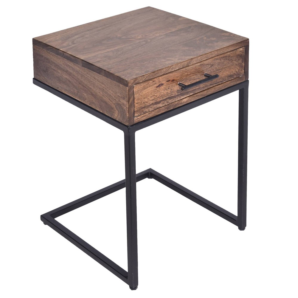 Photos - Coffee Table Mango Wood Side Table with Drawer and Cantilever Iron Base Brown/Black - T