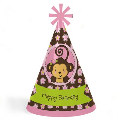 Big Dot of Happiness Pink Monkey Girl - Cone Happy Birthday Party Hats for Kids and Adults - Set of 8 (Standard Size)