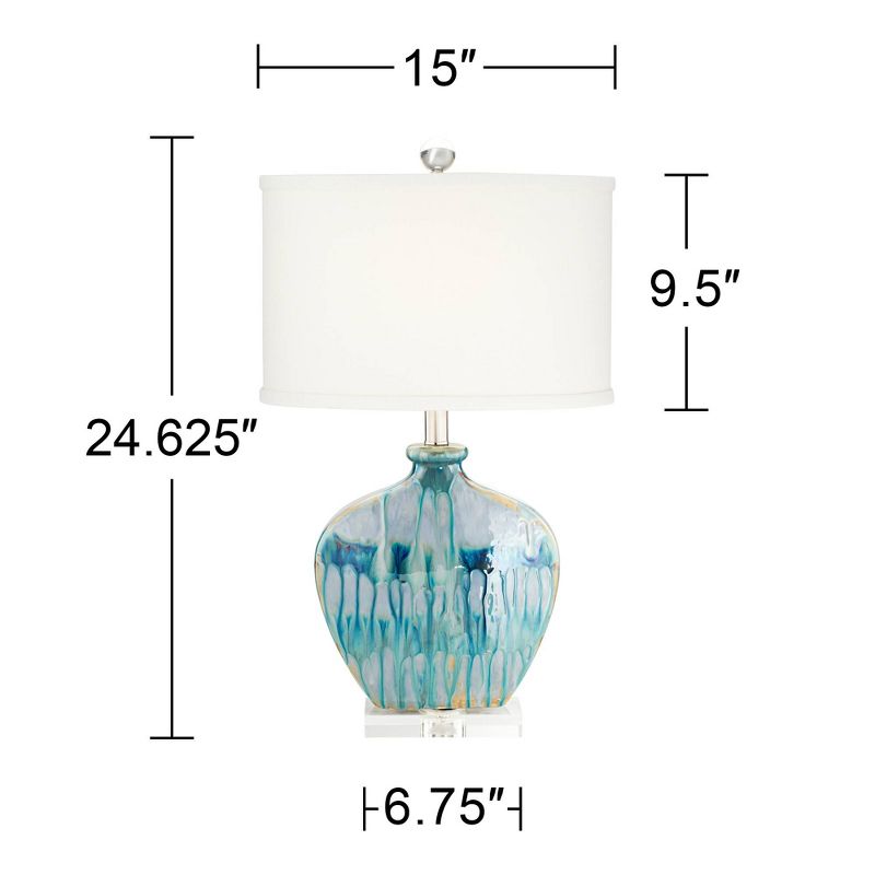 Possini Euro Design Mia Modern Coastal Table Lamp 25" High Blue Glazed Drip Ceramic with Table Top Dimmer Off White Fabric Oval Drum Shade for Bedroom, 4 of 9